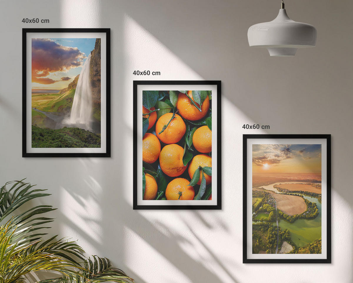 BILDER SET 3er Set - 40x60 cm Schwarzer Rahmen - Orange Mountain Wasserfall - Schwarz, Kunststoff (40/60cm) - TULUP