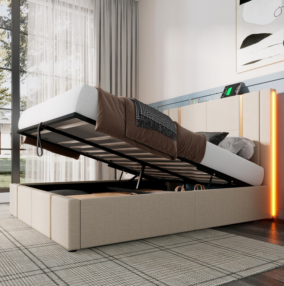 BETT mit Stauraum LED und Ladefunktion 140x200 cm Leinen Beige - Beige, Metall (140/200cm) - Meubliv