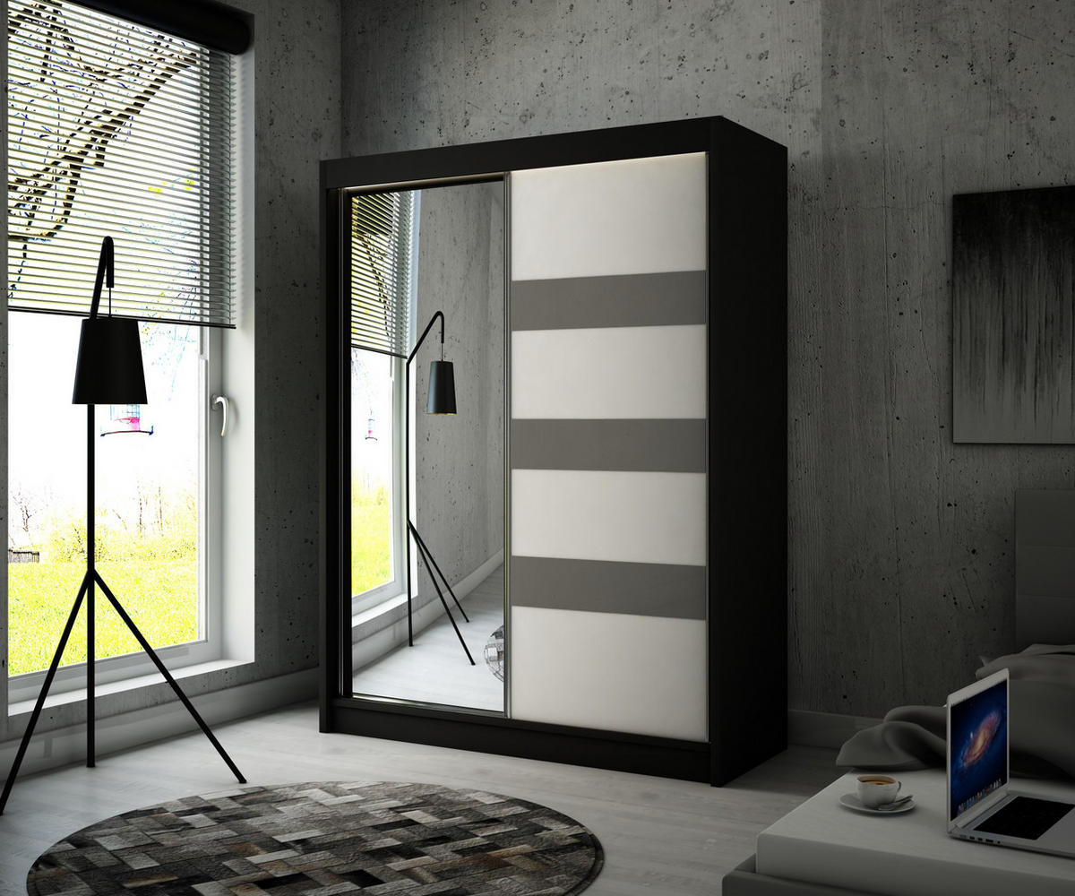KLEIDERSCHRANK mit LED, Spiegel und Schiebetüre LOSTE - 150 cm Schwarz|Grau - Schwarz/Grau, Holzwerkstoff (150/215/61cm) - ALTDECOR