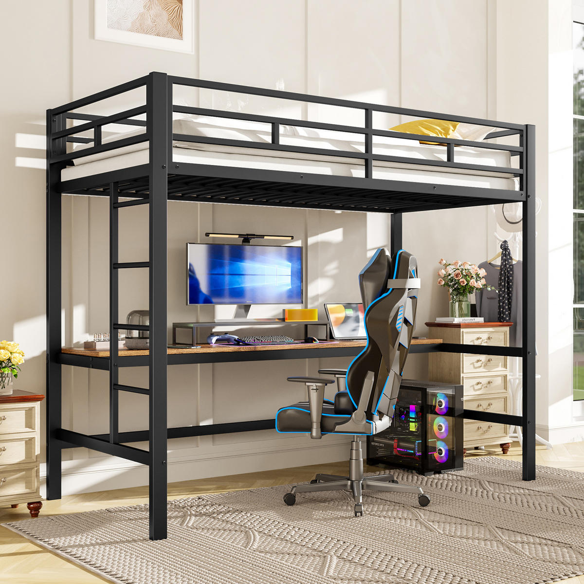 HOCHBETT mit Schreibtisch 90/200 cm in Schwarz – mit Leiter und LED-Lichtleiste - Schwarz, Metall (90/200cm) - BEAOK