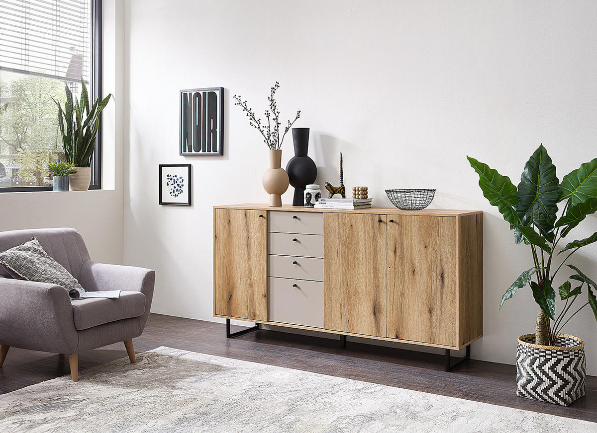 SIDEBOARD - Eiche Evoke Dekor / Hellgrau - Eichefarben/Schwarz, Holzwerkstoff/Kunststoff (183/83/40cm) - home24