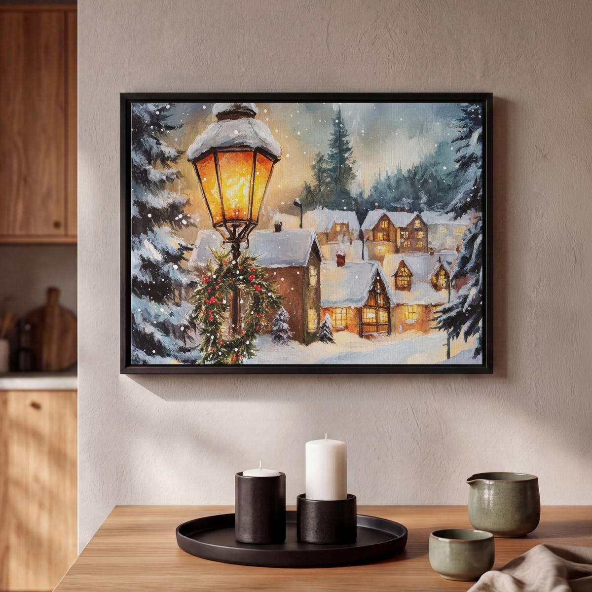 LEINWAND Bilder mit Rahmen - Weihnachtsdorf - Häuser - Schnee - Weihnachten - 40x30 - Sandfarben, Textil (40/30cm) - MuchoWow