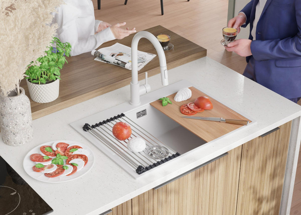 GRANITSPÜLE Oslo, 2-er set Alles Weiß 68/50 cm 1 Becken + Küchenarmatur 38/14 cm + Ablauf-Set + Schneidebrett ab 70er Unterschrank - Beige/Weiß, Kunststoff (68/20/50cm) - Primagran