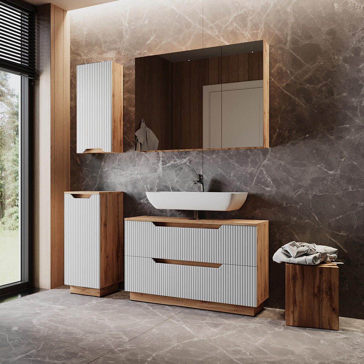 BADMÖBEL-SET Lotta Eiche/weiß gestreift 4 Teile - Eichefarben/Weiß, Holzwerkstoff (99.4/62.5/32cm) - Vicco