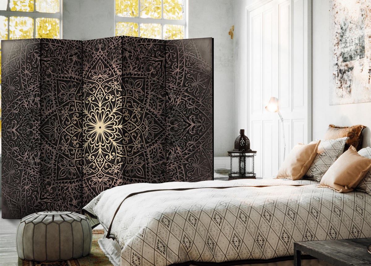 PARAVÁN Jednostranný 5-Dielny 225x172 cm Mandala a Ornamenty - hnedá, drevo/textil (225/172/3cm) - Muralo