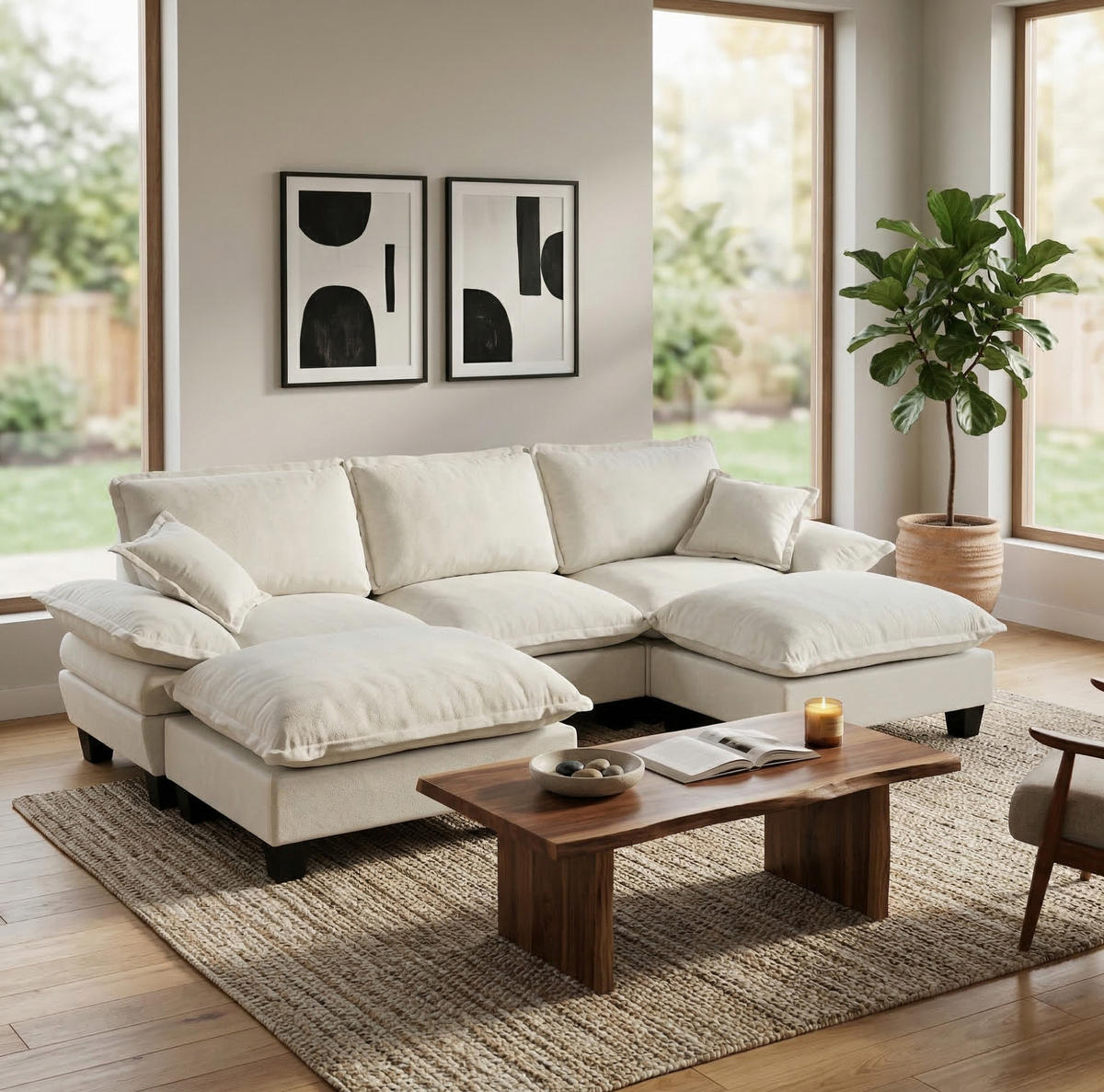 ECKSOFA 263/151/90 cm Beige aus Chenille mit 2 Ottomanen - Beige, Textil (151/263cm) - OKWISH