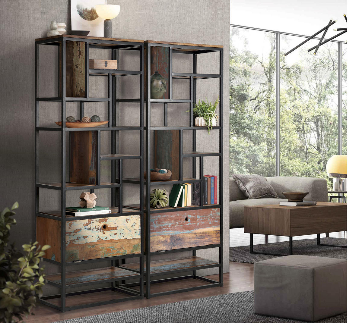 BÜCHERREGAL aus Metall und recyceltem Holz - Schwarz, Holz (80/212/40cm) - Giner y Colomer