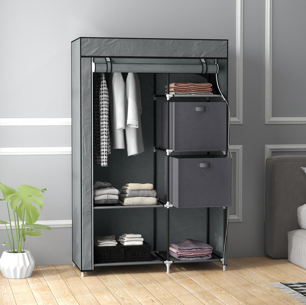KLEIDERSCHRANK aus Stahl und Vlies 102x42,5x162,5 cm Dunkelgrau mit Kleiderstange, 6 Böden und Reißverschluss - Dunkelgrau, Metall (102/162.5/42.5cm) - Modfu