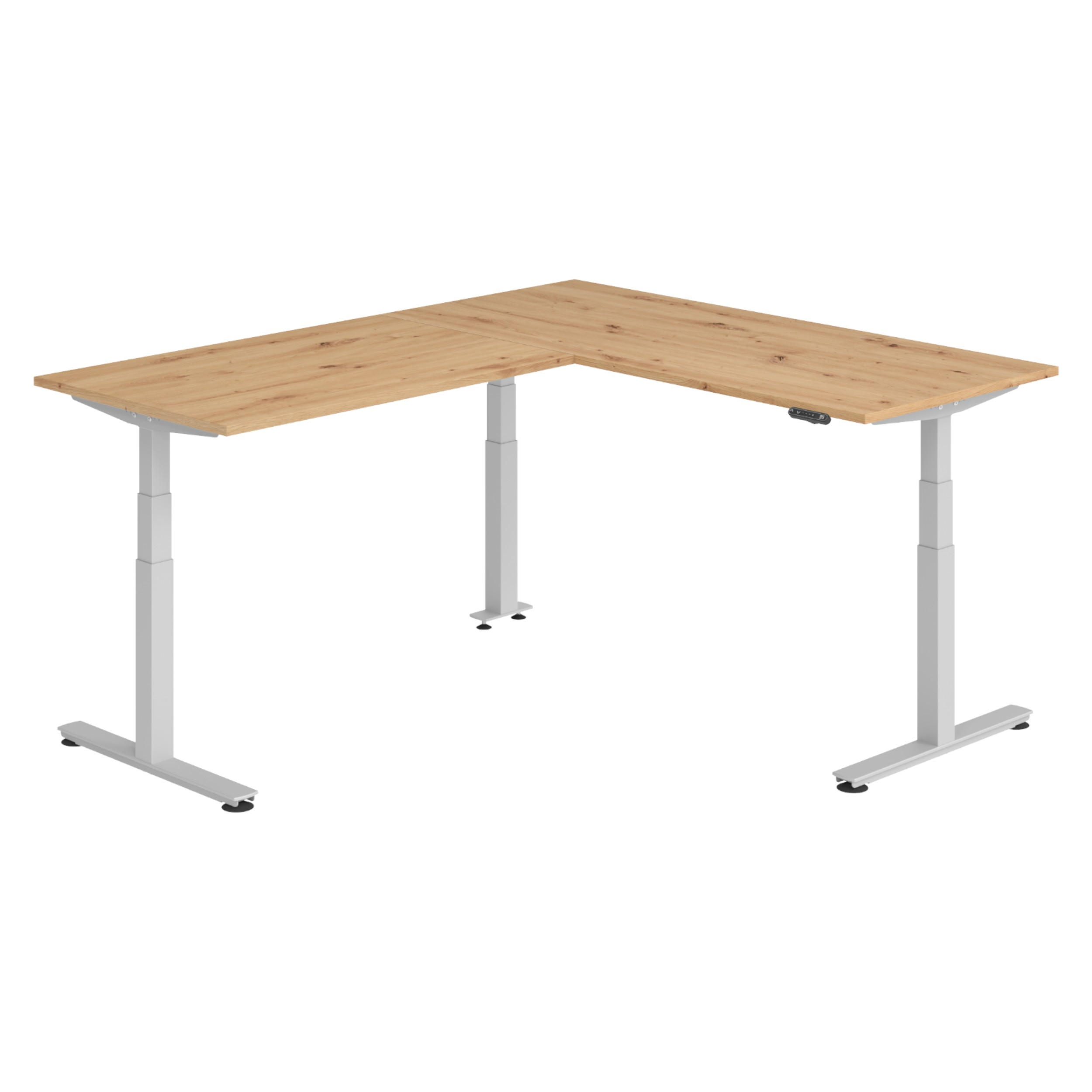 ECKSCHREIBTISCH elektrisch höhenverstellbar L-Form 220/180/74 cm in Wildeiche/Silberfarben - Wildeiche/Silberfarben, Holzwerkstoff (220/180/74cm) - bümö