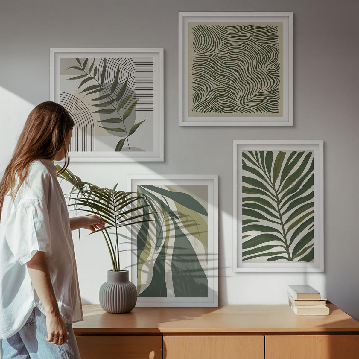 BILDER SET 4er Set - 50x50 cm & 40x60 cm Weißer Rahmen - Blätter, Wellen – Pastellillustrationen - Weiß, Kunststoff (50/50cm) - TULUP