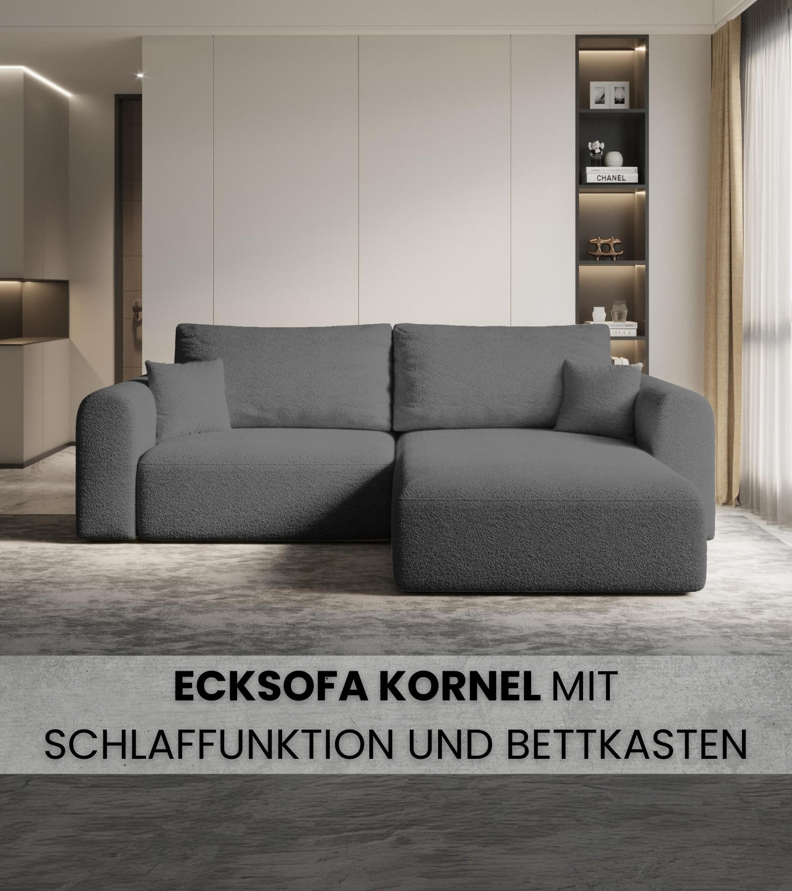 ECKSOFA Kornel mit Schlaffunktion Dunkelgrau Boucle - Dunkelgrau, Textil (248/165cm) - Bromarkt