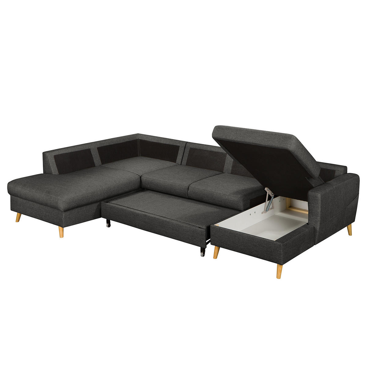 WOHNLANDSCHAFT mit Longchair - Dunkelgrau/Schwarz, Textil (290/90/200cm) - home24