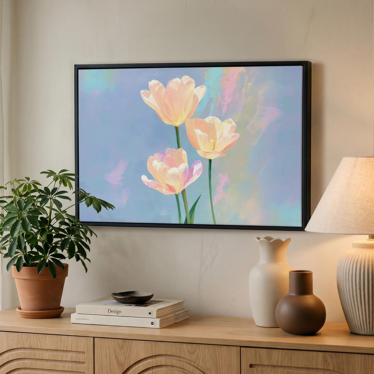 LEINWAND Bilder mit Rahmen - Tulpen - Rosa Akzente - Blau - 60x40 - Pastellblau, Textil (60/40cm) - MuchoWow