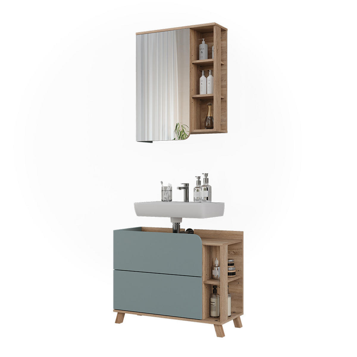 BADMÖBEL-SET Karen, Blau/Sonoma, 2-teilig - Dunkelblau/Sonoma Eiche, Holzwerkstoff (80/65/35cm) - Vicco