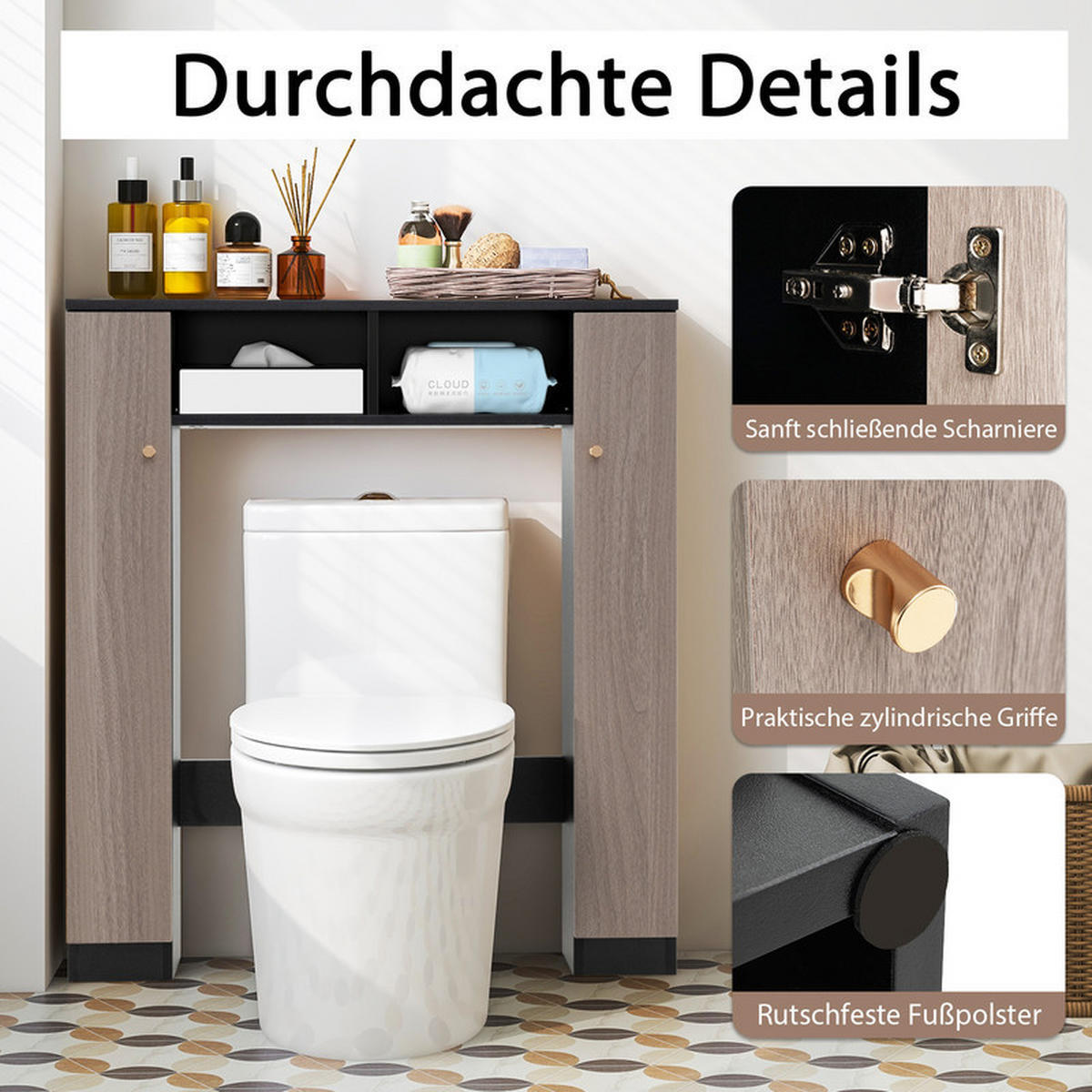 TOILETTENREGAL mit höhenverstellbaren Regalböden schwarz - Schwarz, Holzwerkstoff (87.5/98/18cm) - COSTWAY