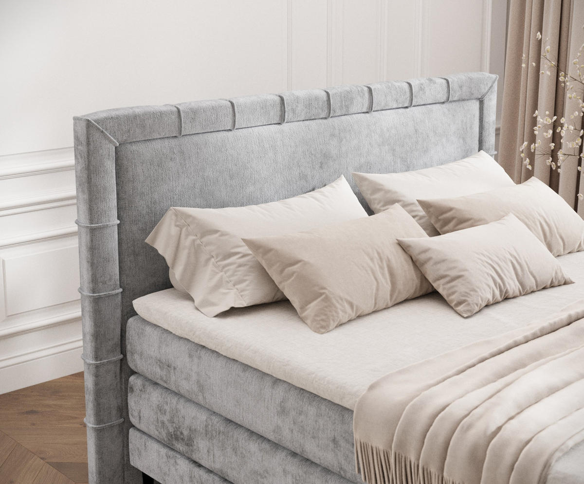BOXSPRINGBETT Rimini Hellgrau 180/200 cm mit Matratze und Topper - Hellgrau/Schwarz, Holz/Holzwerkstoff (180/200cm) - Maison de Reve