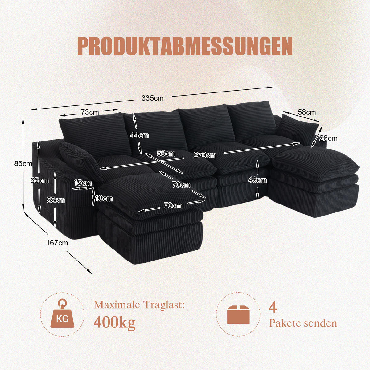 WOHNLANDSCHAFT DE-33775 modular 4-Sitzer mit 2 Hockern Schwarz - Schwarz, Metall (335/85/167cm) - ComfortXL