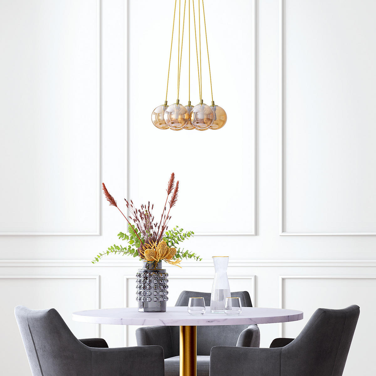 PENDELLEUCHTE - Glas / Metall - 7-flammig - Goldfarben/Bernsteinfarben, Glas/Metall (36/36/145cm) - home24