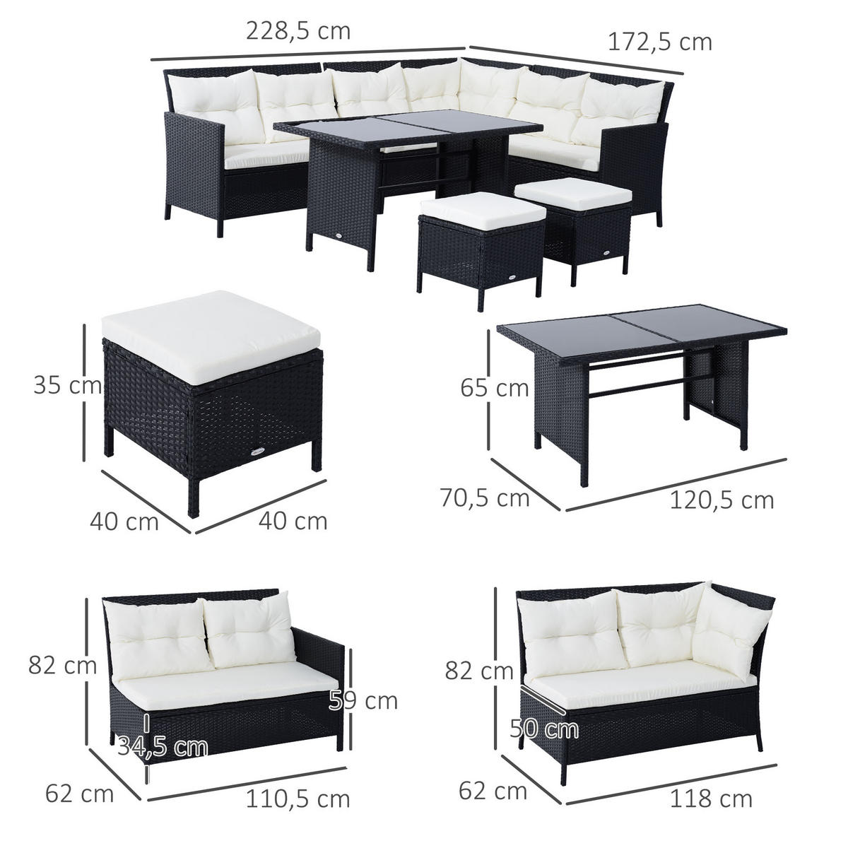SITZGARNITUR Gartenmöbel Set Lounge, Polyrattan, Schwarz - Schwarz, Kunststoff - Outsunny