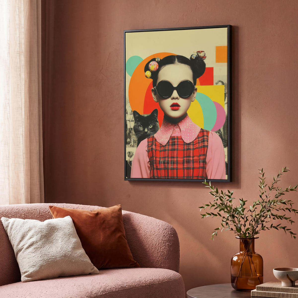 LEINWAND Bilder mit Rahmen - Mädchen - Sonnenbrille - Katze - Retro - 70x100 - Beige, Textil (70/100cm) - MuchoWow