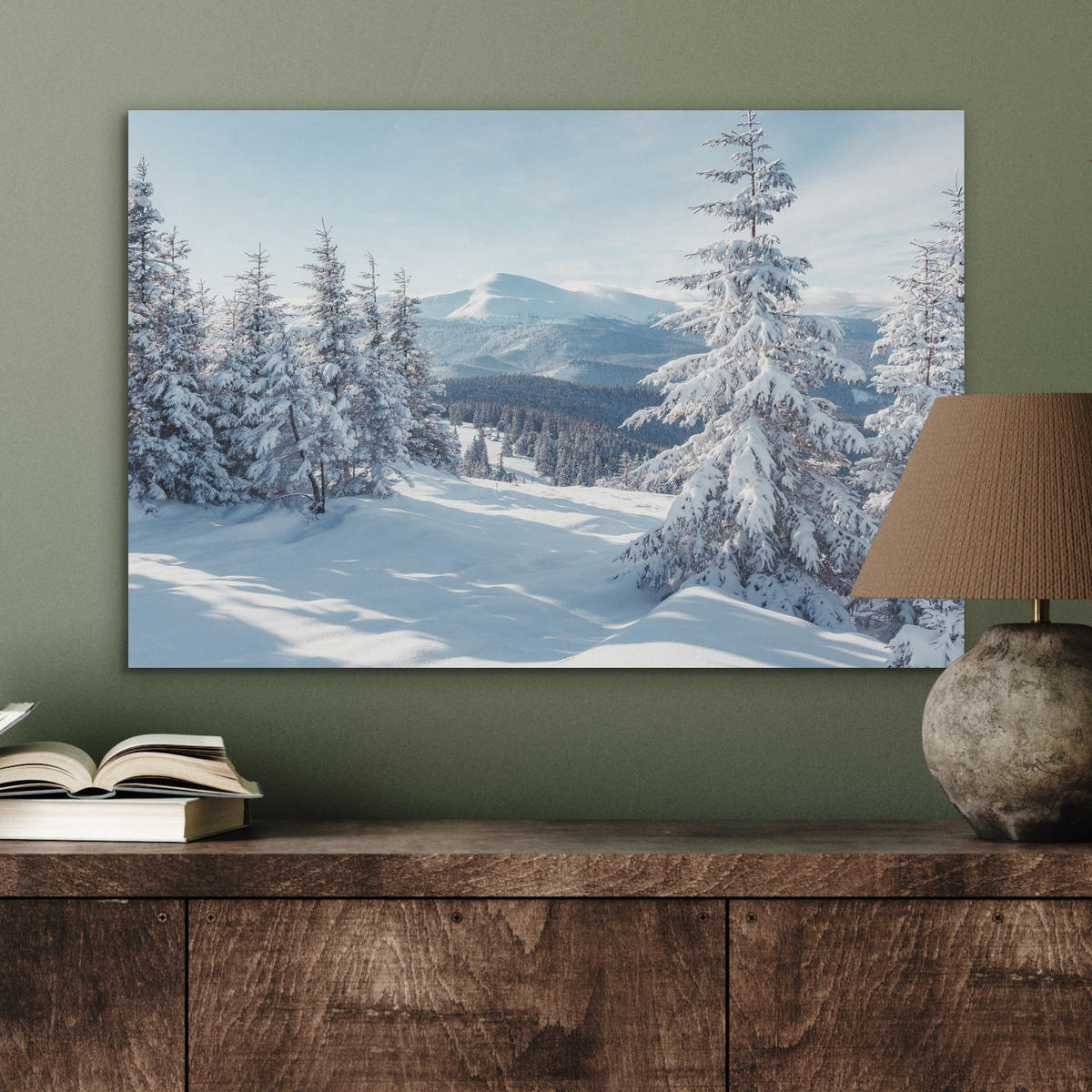 AKUSTIKBILD Winterlandschaft - Natur - Berge - Bäume - Schnee Wanddeko 70x50 cm - Hellblau, Kunststoff (70/50/0.9cm) - MuchoWow