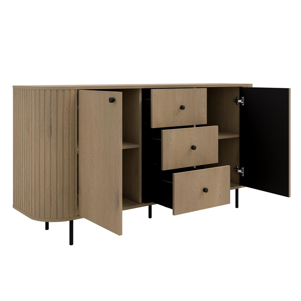 SIDEBOARD Halay Eiche Cremona 2 Türen & 3 Schubladen Moderne Rillenstruktur 164,6 cm - Eichefarben/Schwarz, Holzwerkstoff/Metall (164.6/85.4/42.3cm) - AX Living
