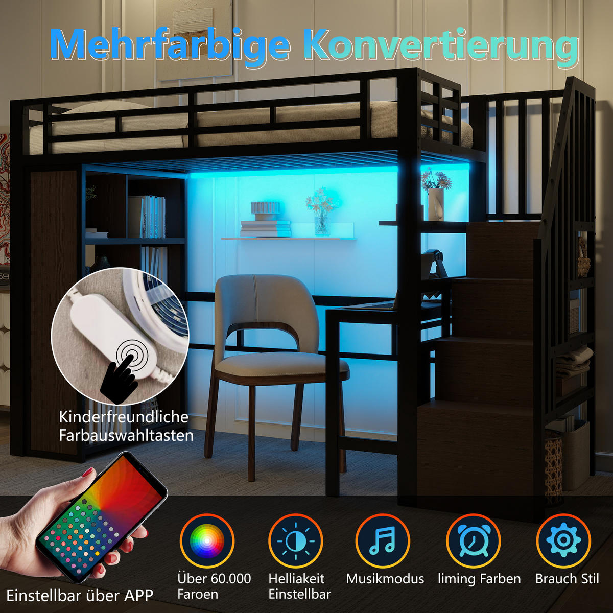 HOCHBETT aus Metall und MDF 90x200 cm Schwarz mit Schreibtisch, LED-Lichtleiste und Stauraumtreppe - Schwarz, Metall (90/200cm) - Modfu