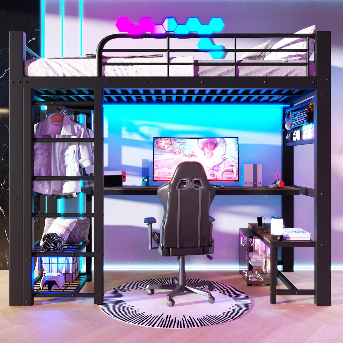 HOCHBETT 90/200 cm in Schwarz mit LED-Beleuchtung, Schreibtisch und Stauraum - Schwarz, Metall (90/200cm) - Flora Grace