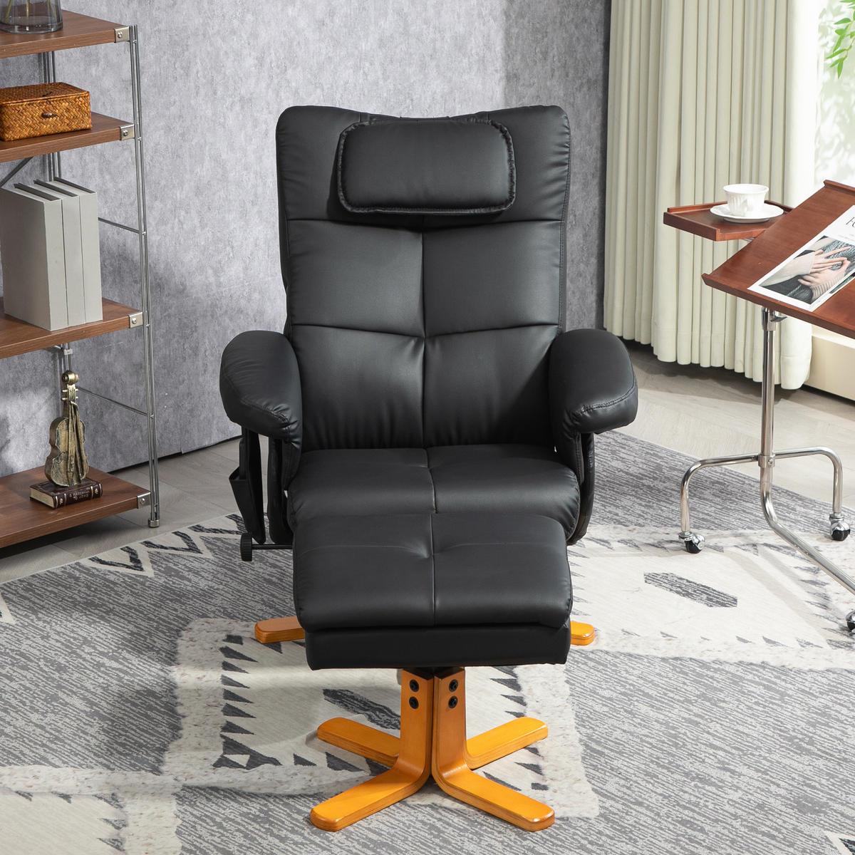 RELAXSESSEL Massagesessel mit Hocker Fernsehsessel mit Liegefunktion Schwarz - Schwarz, Leder (86/93/78cm) - HOMCOM