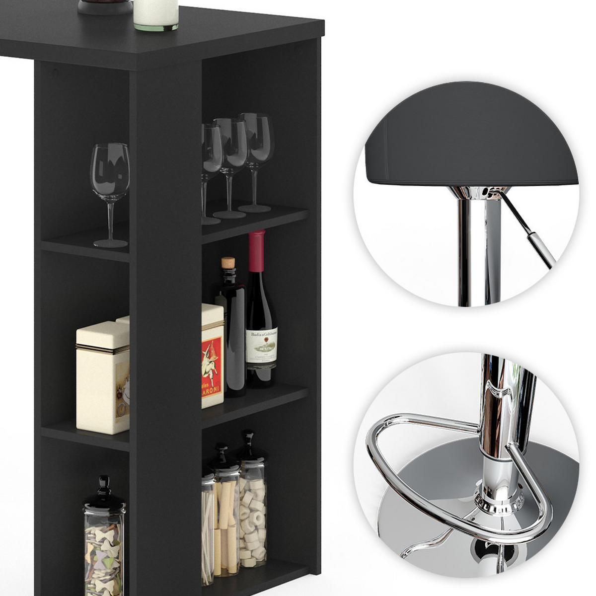 BARTISCH-SET Noel Schwarz 120 x 60 cm mit 2 Barhockern - Schwarz, Holzwerkstoff (120/105.6/60cm) - Vicco