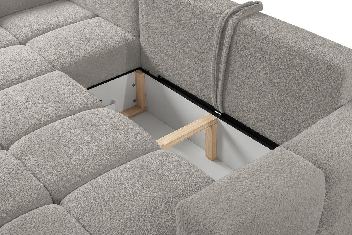 ECKSOFA LUSSO mit Schlaffunktion und Bettkasten, Farbe: Grau, Bouclé-Stoff, Ottomane Universal - Grau, Textil (255/165cm)