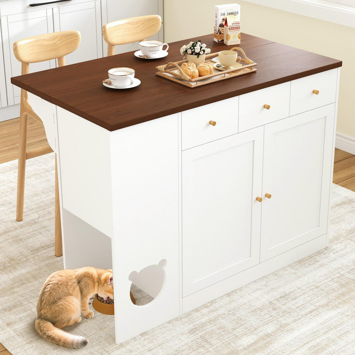 KÜCHENINSEL 120/70/90 cm Weiß mit Ausziehplatte, Schubladen, Gewürzregal und Katzenhöhle - Weiß, Holz/Holzwerkstoff (120/90/70cm) - Oxeza