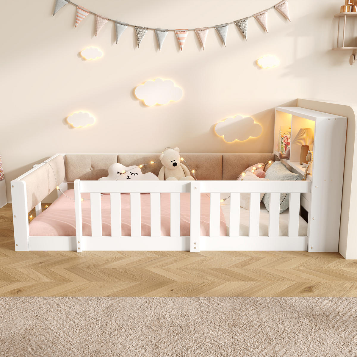 FLACHBETT 90x200cm Gitter Kinderbett LED Weiß - Weiß, Holzwerkstoff (90/200cm) - FLIEKS
