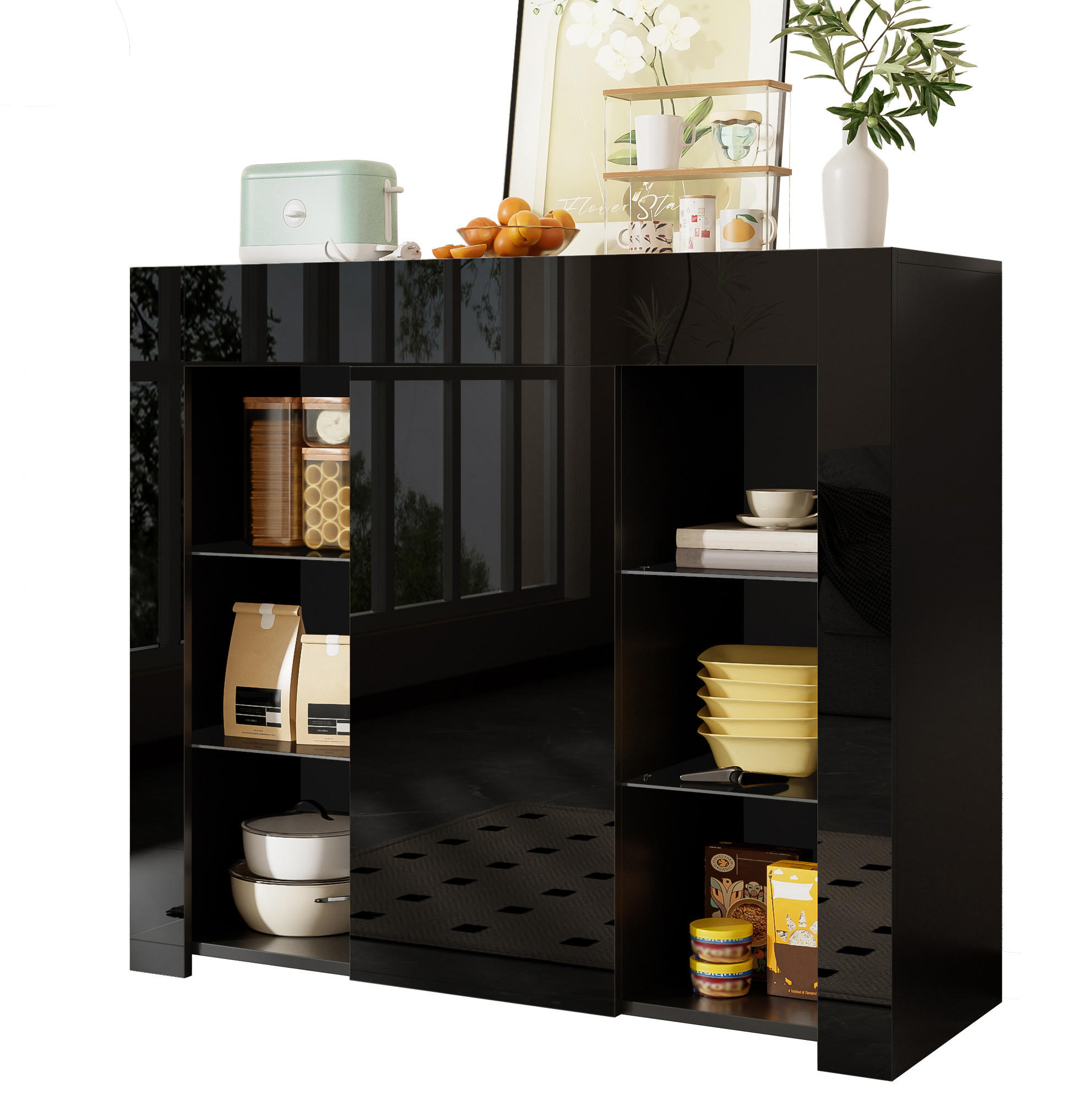 SIDEBOARD 95/35/83 cm in Schwarz mit Hochglanz-Front und Glasregalen - Schwarz, Holzwerkstoff (95/83/35cm) - Flora Grace