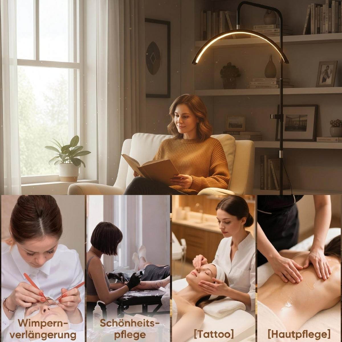 STEHLEUCHTE LED-Wimpernlampe 136-186cm Dimmbar Halbmond-Kosmetiklampe mit Handyhalterung - Schwarz, Metall (77.5/20.5/186cm) - Raelunyi
