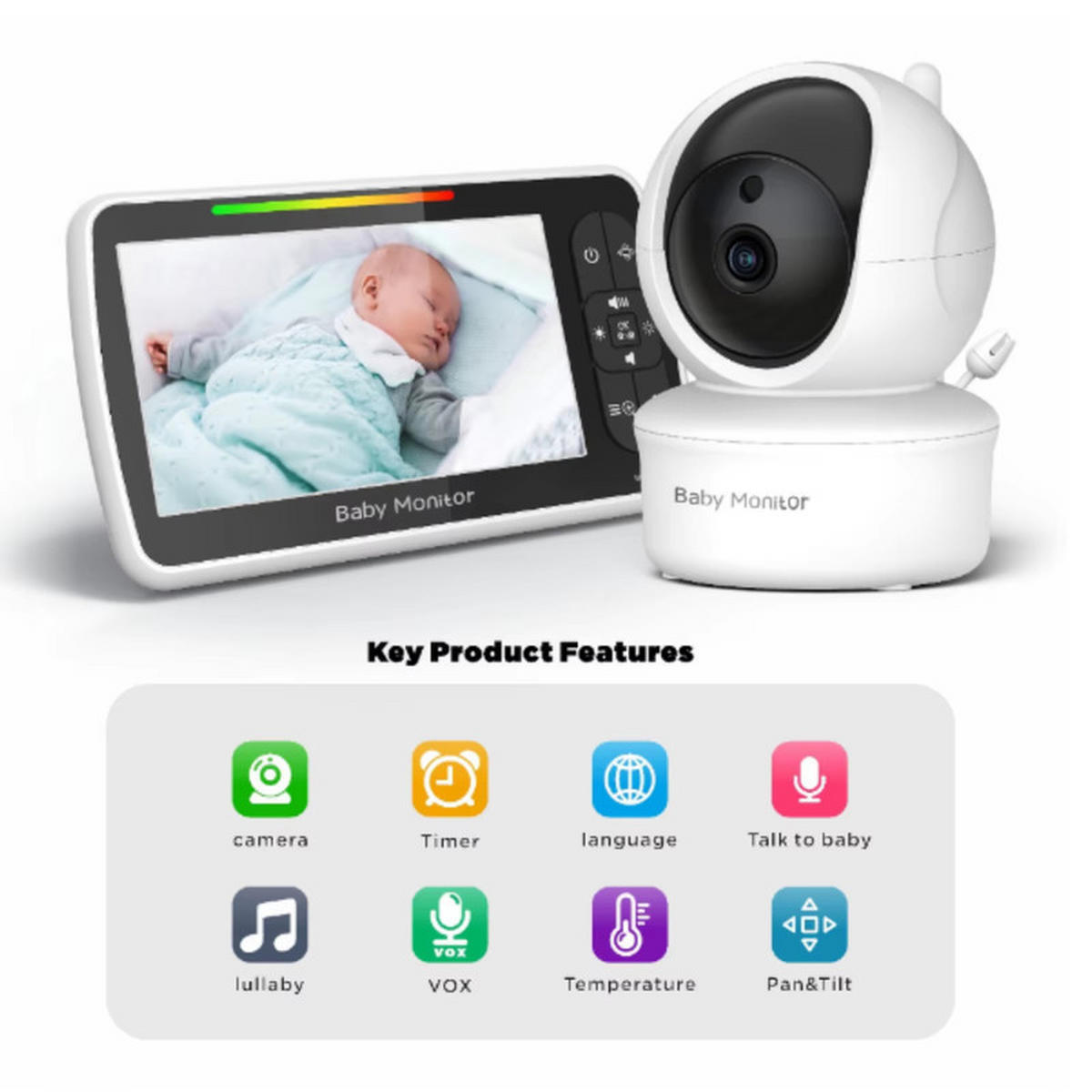 BABYPHONE 5 Zoll Kamera 355° 120° PTZ Nachtsicht 2-Wege Audio 300m Reichweite - Weiß, Kunststoff - Kaket