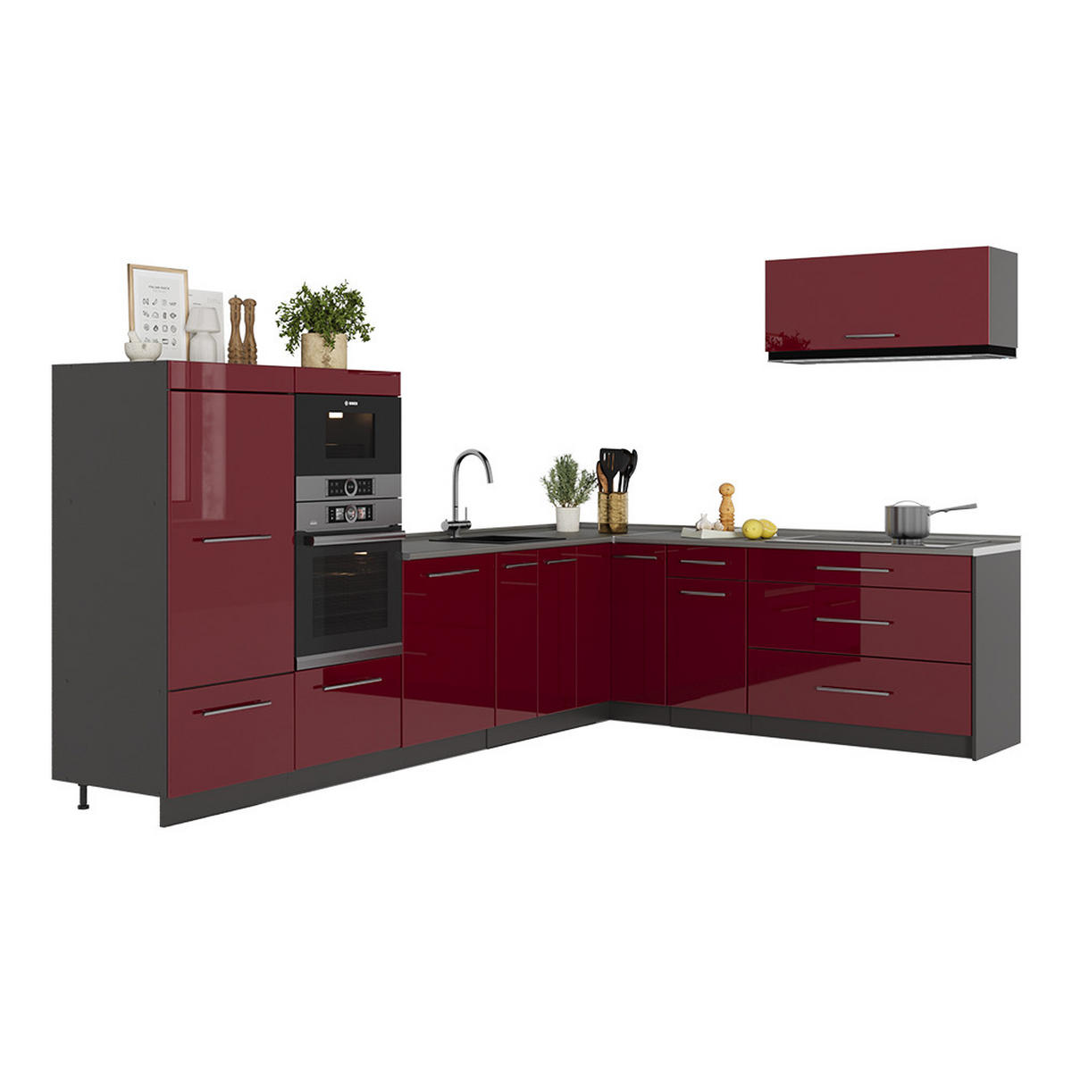HÖRNKÖK Fame-Line, Bordeaux högblank/antracit, 327 x 227 cm, AP Antracit - Bordeaux/Antracit, Träbaserade material (327/153.6/60cm) - Vicco