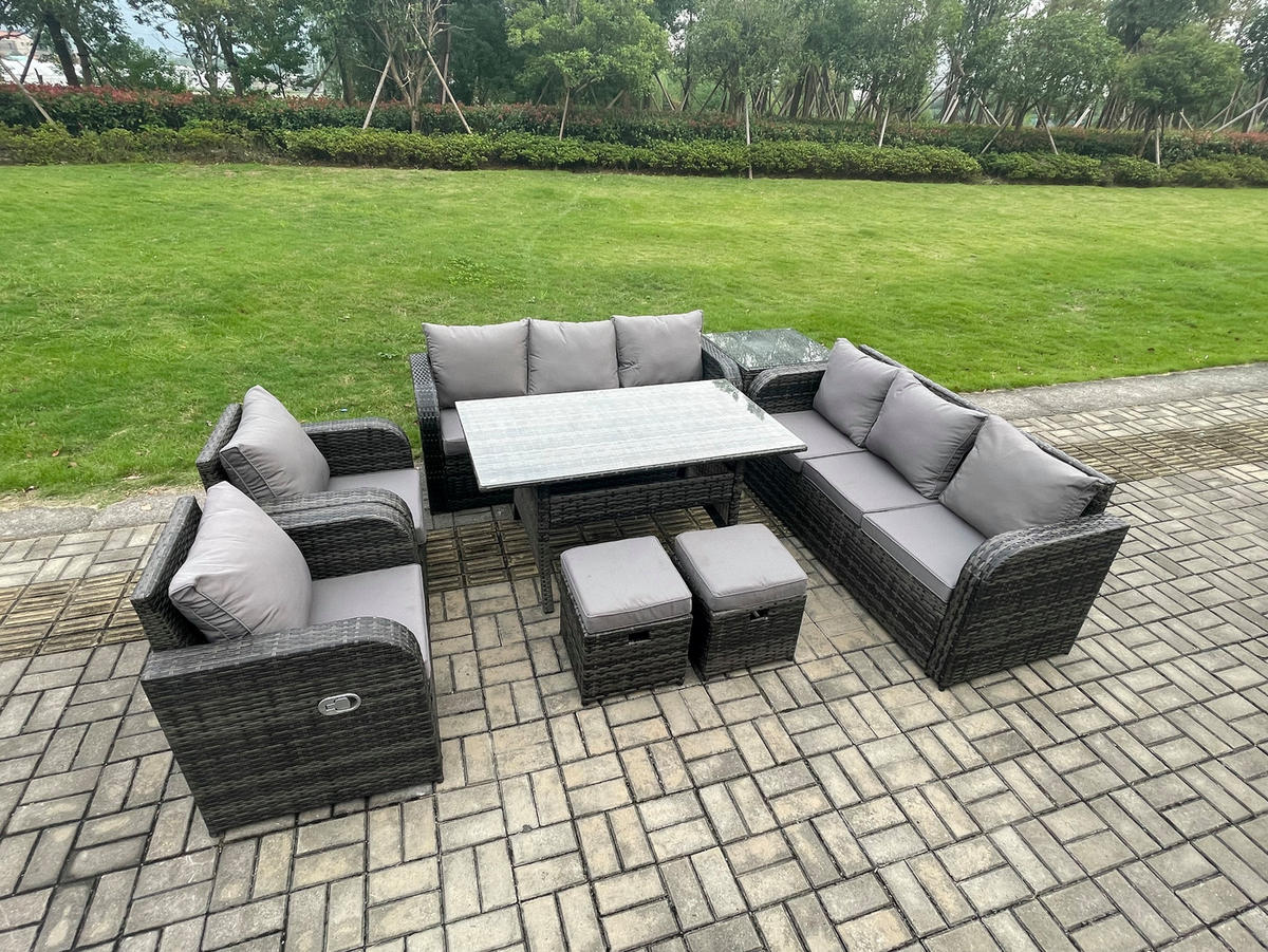 GARTENTISCHGRUPPE mit 2 Hocker Polyrattan Dunkelgrau 8-Sitzer - Dunkelgrau/Grau, Glas/Kunststoff - Fimous