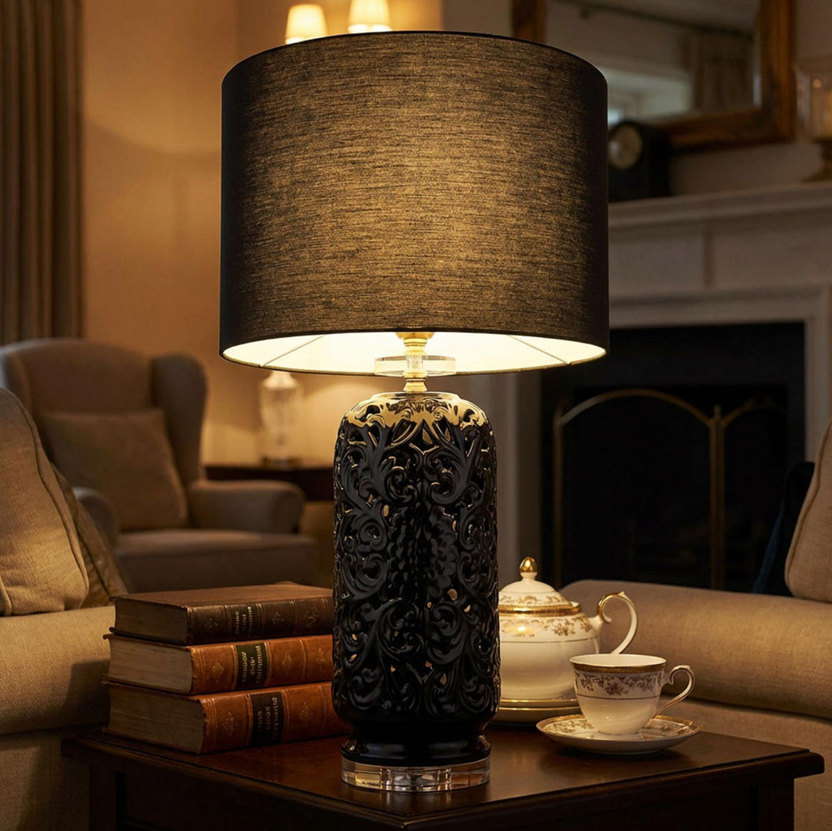 LED TISCHLEUCHTE Keramik Schwarz Textil - Schwarz, Textil (40/40/71cm) - Globo Lighting