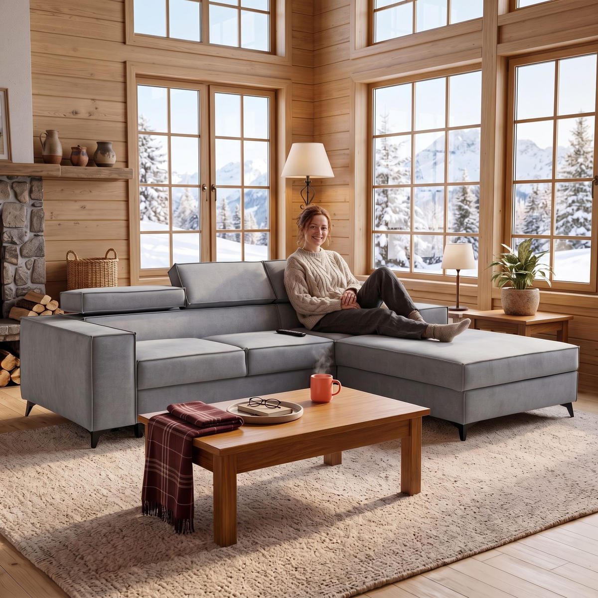 ECKSOFA PURE S Rechts mit Schlaffunktion 127x215 Velours Hellgrau - Hellgrau/Schwarz, Holz/Textil (204/281cm) - Muffo