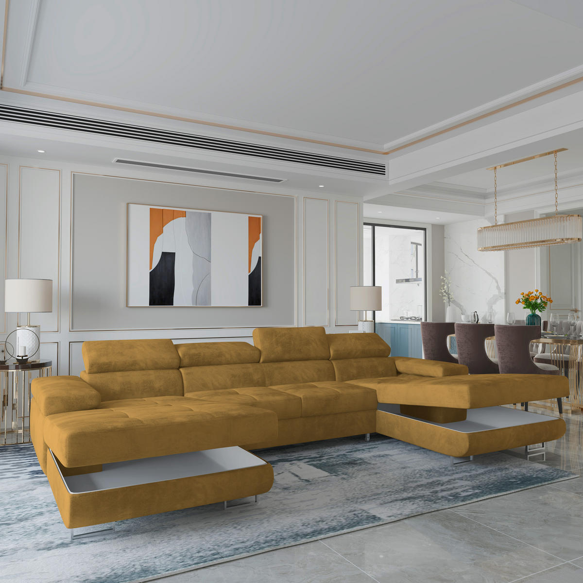 WOHNLANDSCHAFT LYKKE Gelb Velours-Stoff mit Schlaffunktion - Gelb, Holz (353/90/202cm) - MASSENO