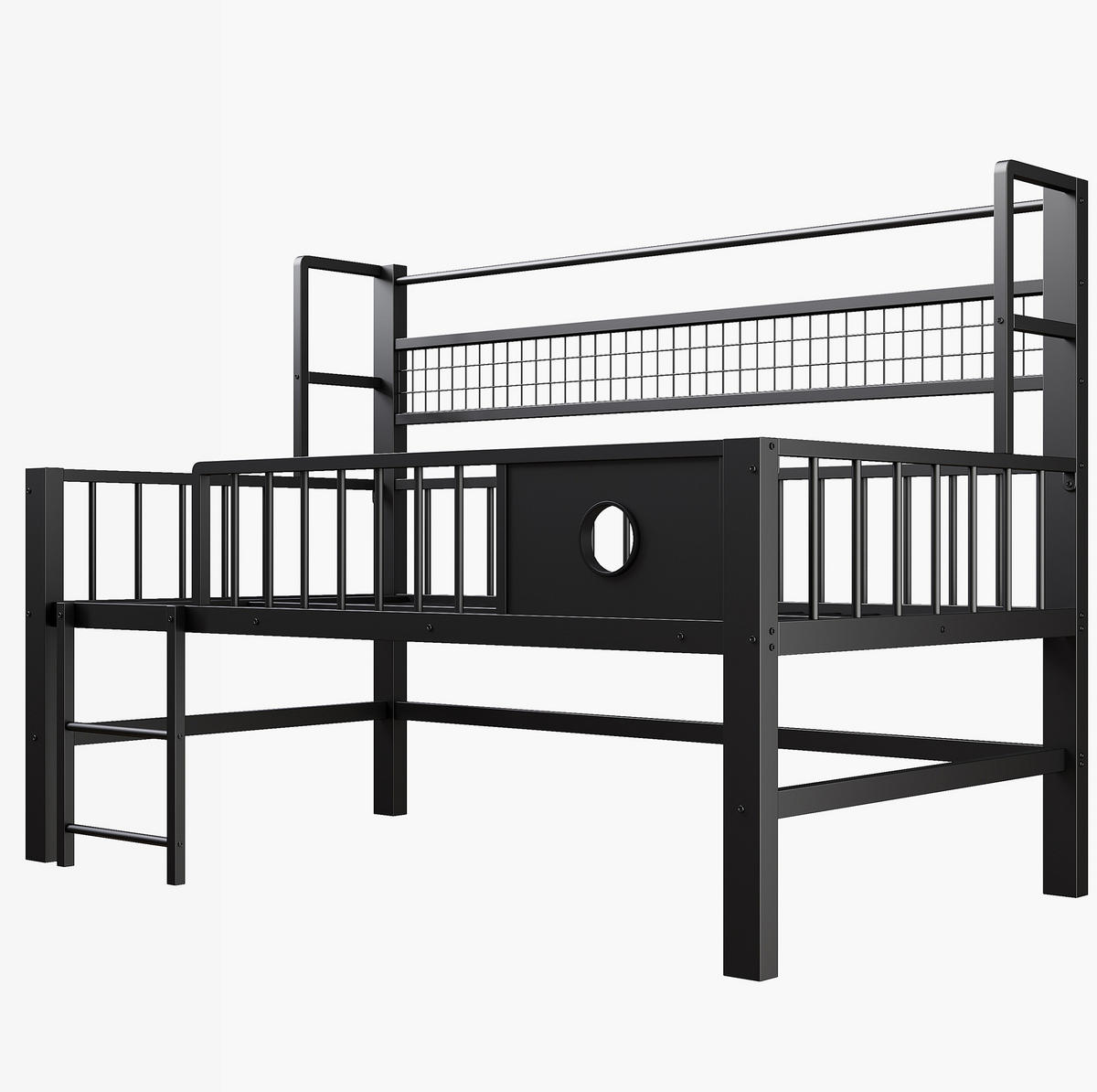 KINDERBETT 90/200 cm aus Metall mit Sicherheitsgitter und Stauraum, Schwarz - Schwarz, Metall (90/200cm) - Flora Grace