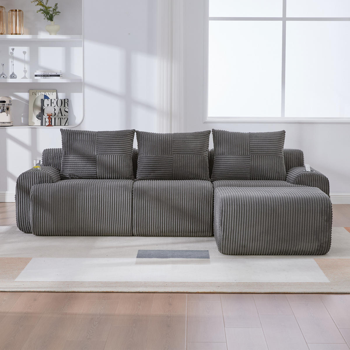 3-SITZER Sofa aus Cord 268x174x80 cm mit Cupholder & Seitentasche, dunkelgrau - Dunkelgrau, Textil (174/80/268cm)