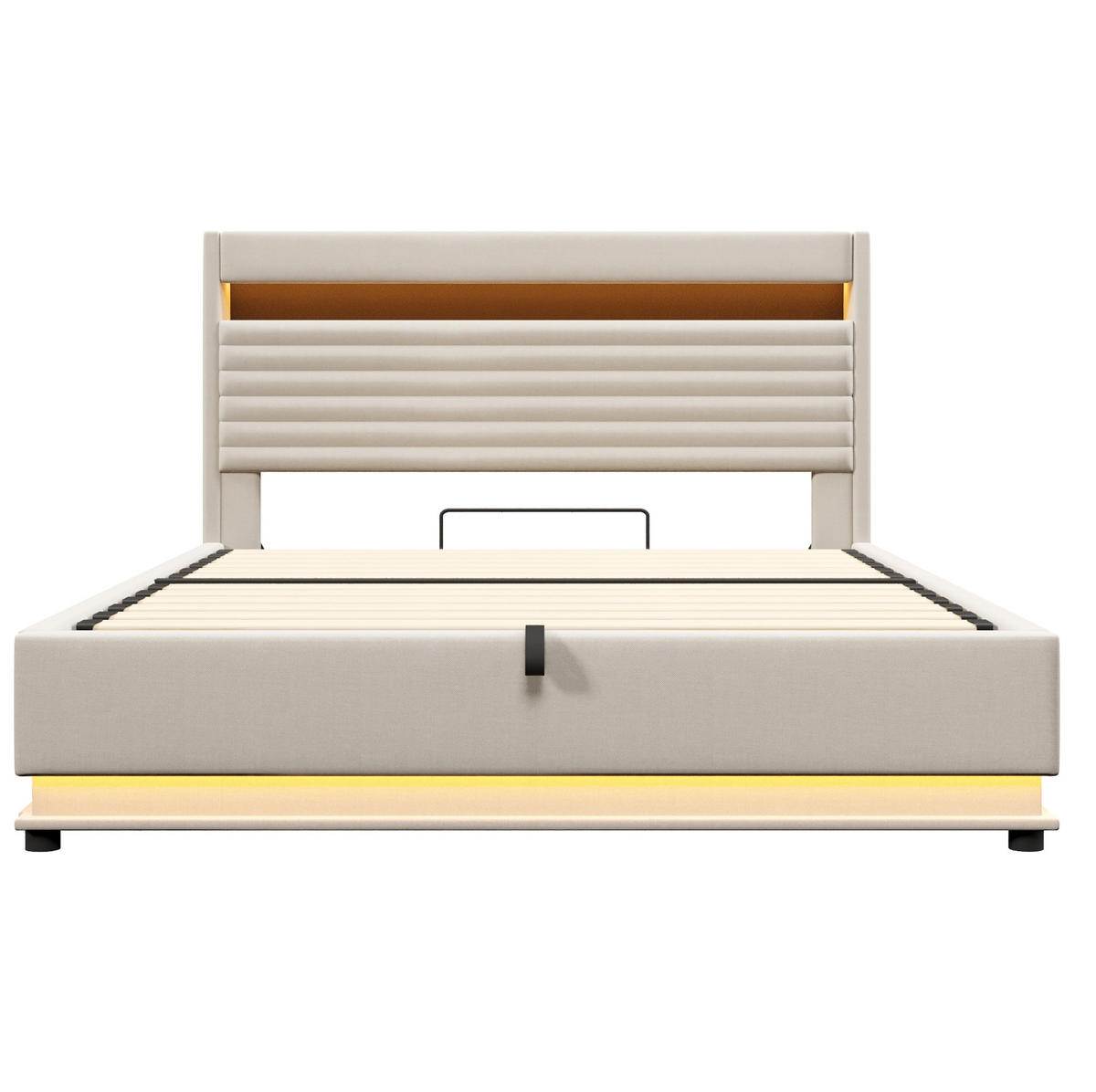 POLSTERBETT 180/200 cm aus Leinen mit LED-Beleuchtung und Stauraum Beige - Beige, Textil (180/190cm) - Modenvie
