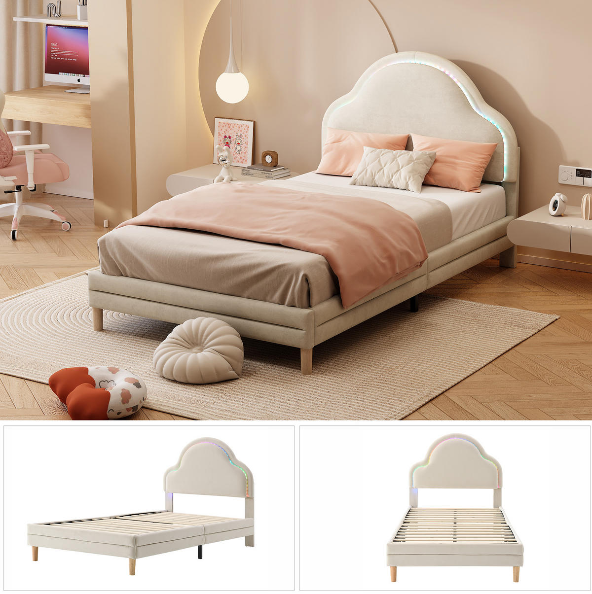 POLSTERBETT 90/200 cm aus Samt in Beige mit LED-Beleuchtung und Wolken-Kopfteil - Beige, Textil (90/200cm) - Flora Grace