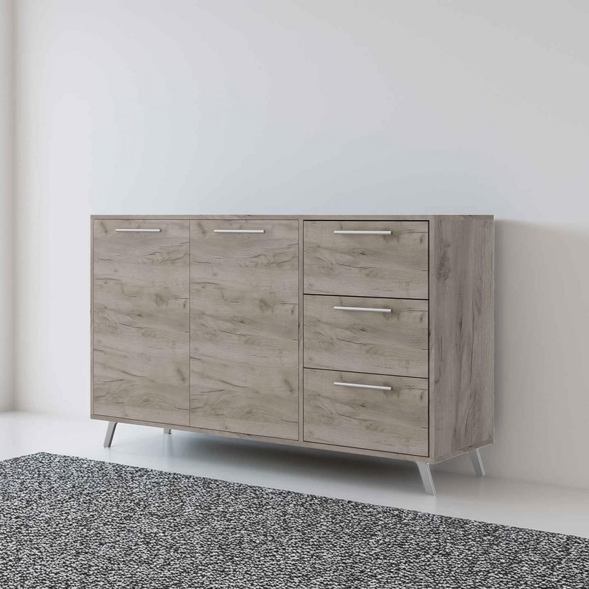 KOMMODE ELISE 140/86/41cm mit 3 Schubladen 2 Türen Eichefarben - Eichefarben, Holzwerkstoff (140/86/41cm) - MASSENO