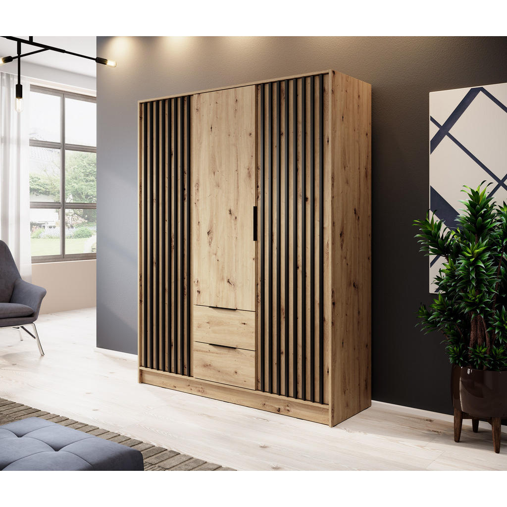Thumbnail - Möblo Drehtürenschrank, Eiche Artisan, Metall, 2 Schubladen, Rechteckig, 155x200x51 cm, Schlafzimmer, Kleiderschränke, D...