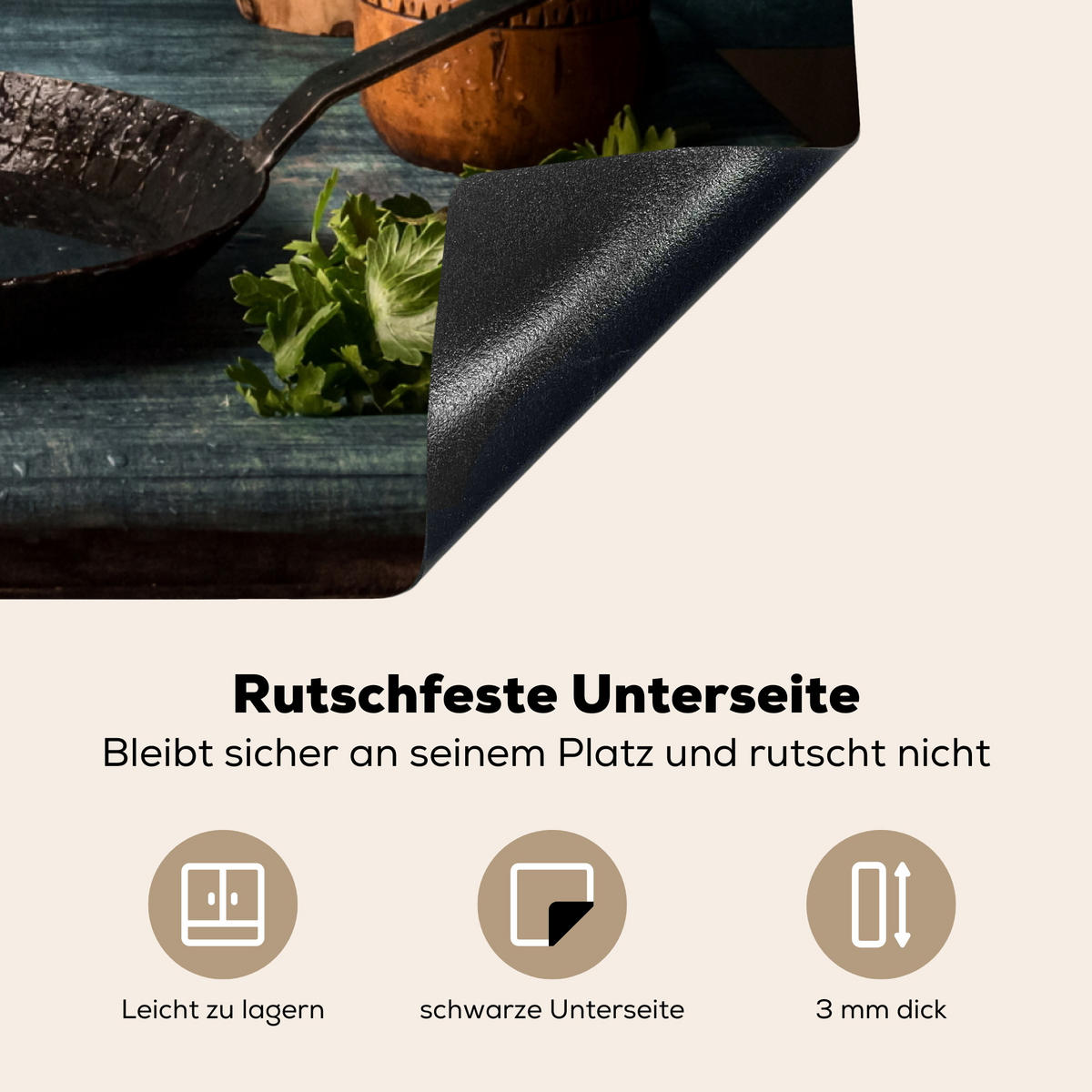 HERDABDECKPLATTE Kräuter - Gewürze - Pfanne - Messer - Grau - Rustikal 78x78 cm - Petrol, Kunststoff (78/0.2/78cm) - MuchoWow
