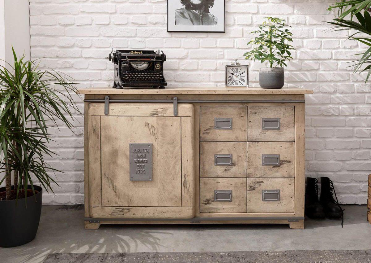SIDEBOARD Mango 140x45x85 whitewash lackiert RAILWAY #321 - Beige, Holz (140/85/45cm) - Massivmoebel24