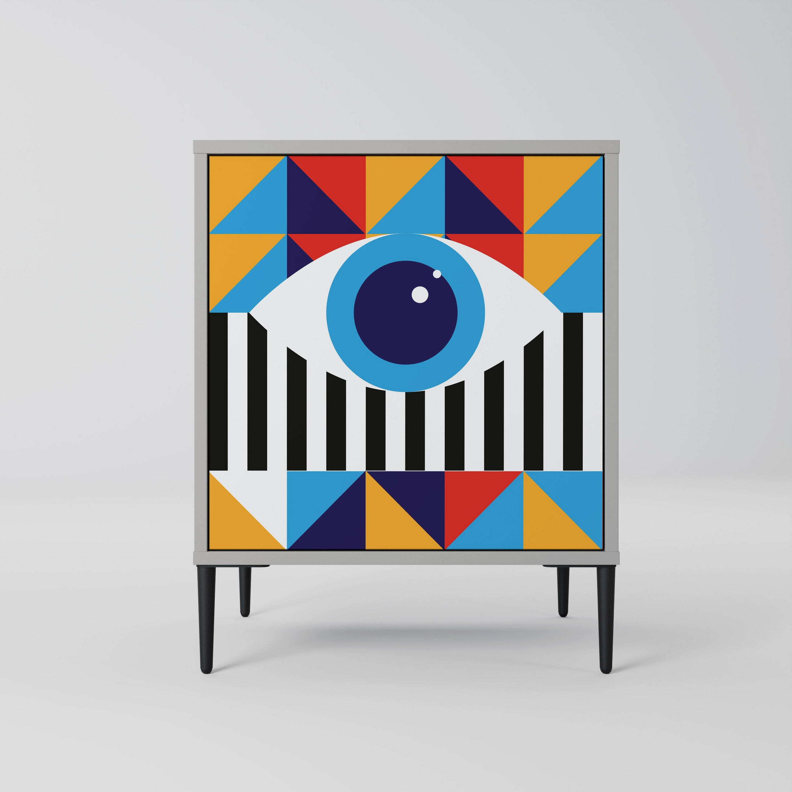 SIDEBOARD ABSTRACTION AND GEOMETRY, Grau, 57,5x42x72,5 cm, Schwarze Metallfüße - Multicolor/Schwarz, Holzwerkstoff/Metall (57.5/72.5/42cm) - SpaceRebels